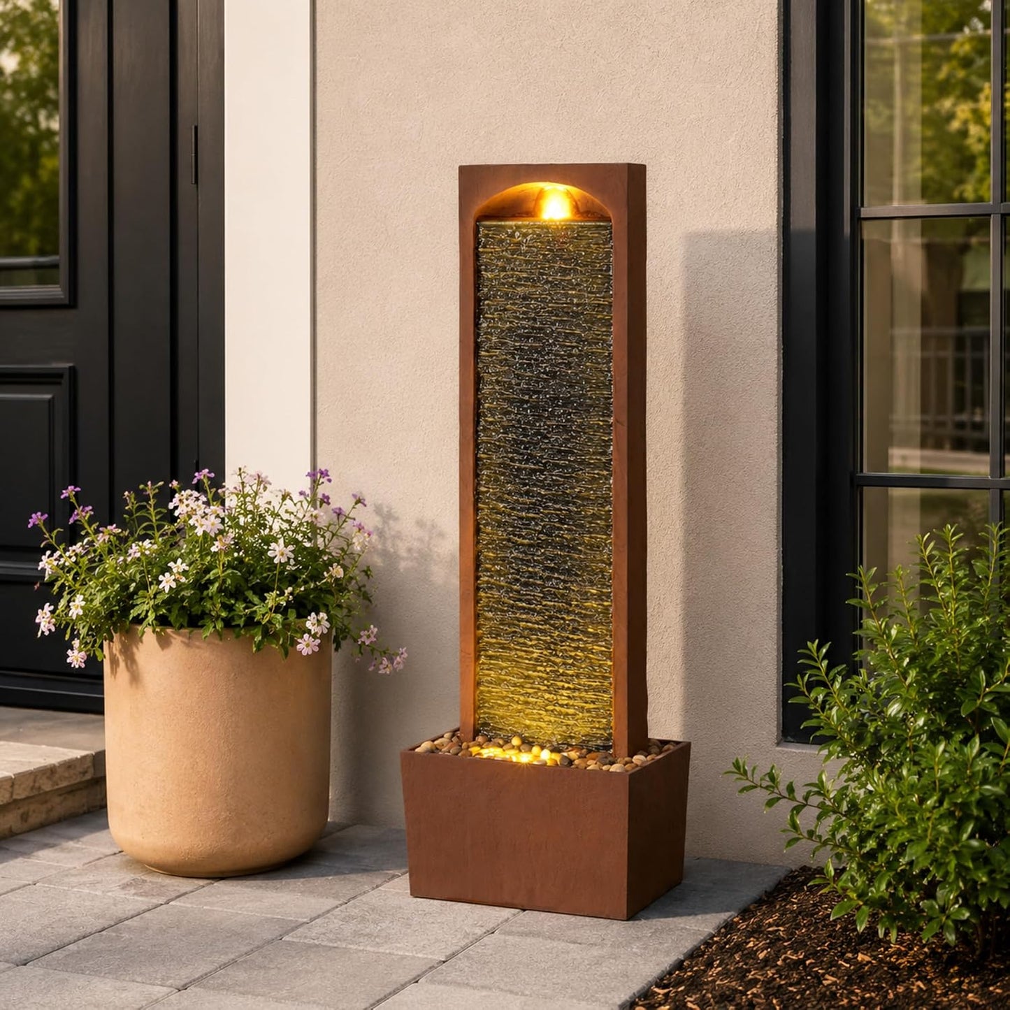 Teamson Home 38.58 in. Modern Curved Faux Slate Waterfall Fountain for Indoors or Outdoors with LED Light Accents and 1.98-Gallon Pump, Black and Stone Gray | Freestanding Floor Garden Waterfall, LED Lights, Weatherproof Polyresin, For Patio & Yard