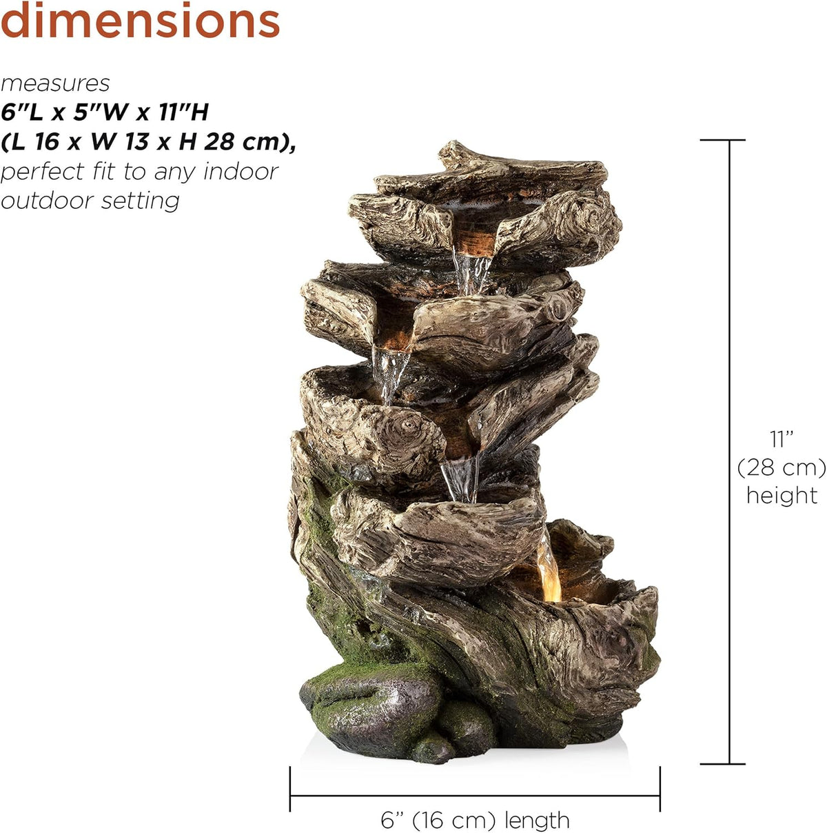 Alpine Corporation | 14"H Indoor Tiered Log Tabletop Fountain with LED Lights — Cascading Waterfall Design Creates Relaxing Ambiance for Home & Office Décor