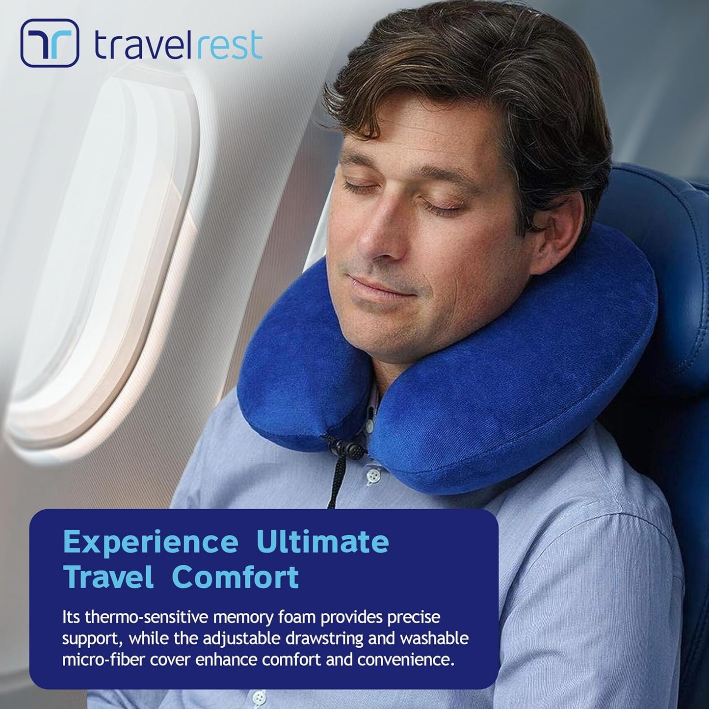 travelrest Sleep Neck Pillow Travel - Travel Essentials, Memory Foam, Neck Support Pillow for Long Flight, Plane Sleeping Accessories, Anti-Slip and Comfortable, Washable, Attaches to Luggage - Gray