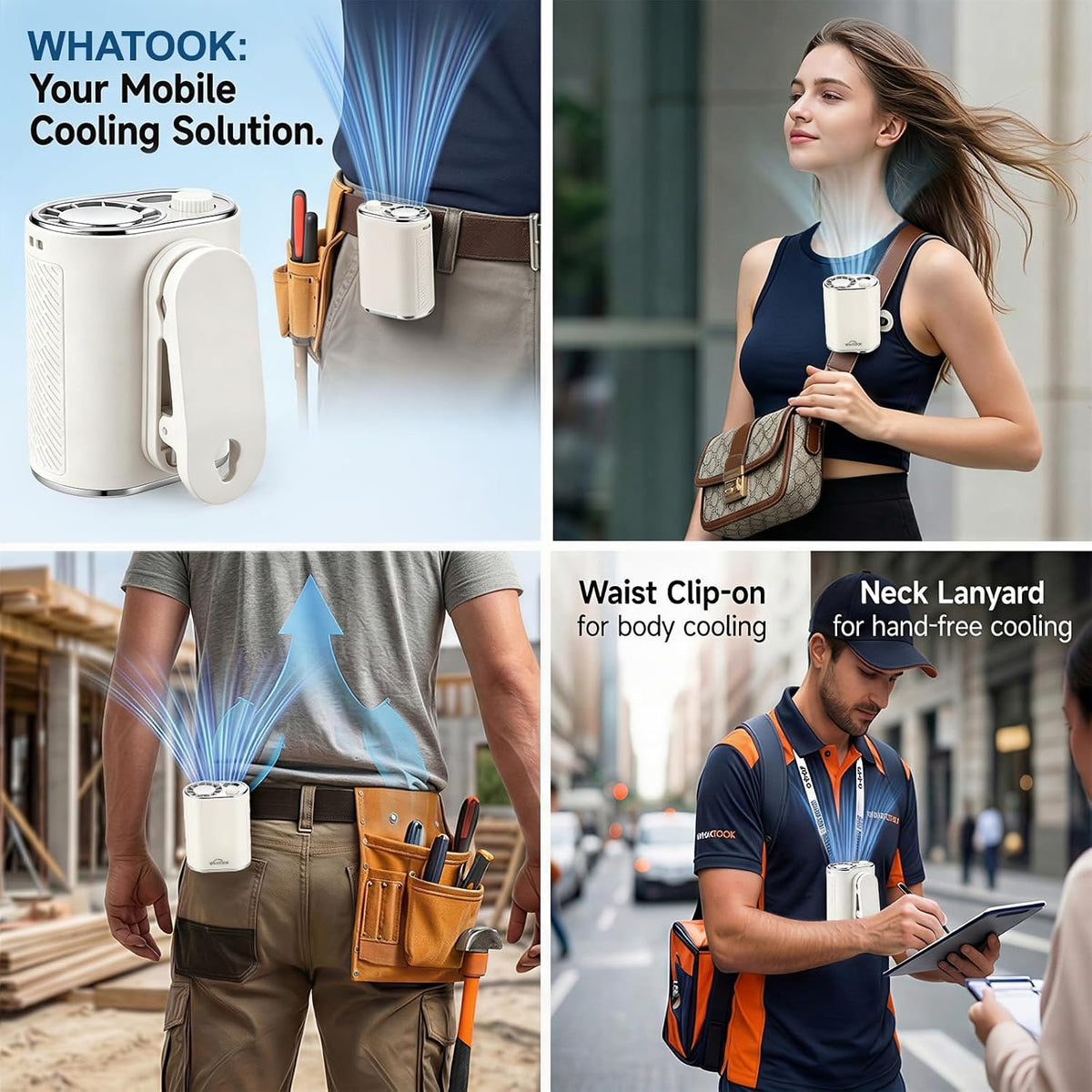 WHATOOK Waist Clip on Fan: 4000mAh Battery 15 Hours, 10m/s Cool Wind, Portable Rechargeable Wearable Personal Body Cooling Neck Fan, Handheld Cooler for Camping Travel Essentials (Black)