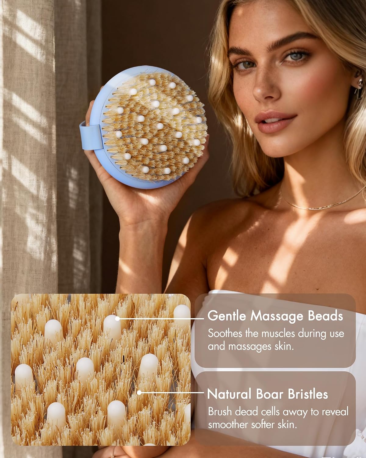 Dry Brushing Body Brush for Massage - Natural Boar Bristle Exfoliating Brush with Massage Nodes for Lymphatic Drainage, Cellulite, Blood Circulation Improving Skin Health for Women Men Elderly(Grey)