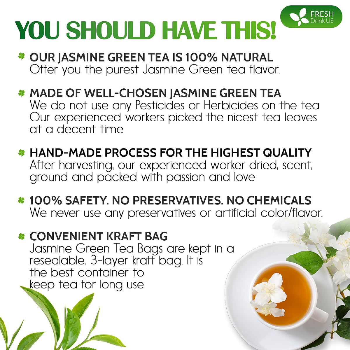 FreshDrinkUS, Premium 135 Jasmine Green Tea Bags, 100% Natural & Pure from Jasmine Green Herbal Tea. Made with Natural Material Tea Bags. No Sugar, No Caffeine, No Gluten, Vegan.