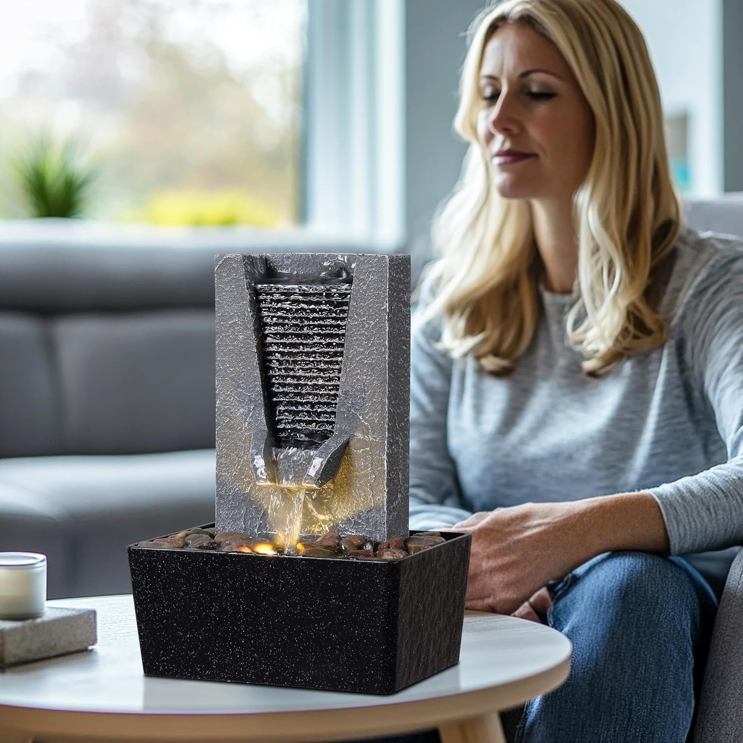 Tabletop Water Fountain Indoor Desktop Waterfall with Warm LED Light