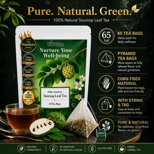 WOTIHA Premium Soursop Tea Bags (65 Count) - 100% Natural Graviola Leaves Made With Corn Fiber Tea Bag Food-Grade Biodegradable Herbal Tea - Sugar/Caffeine/Gluten Free Hoja Guanabana
