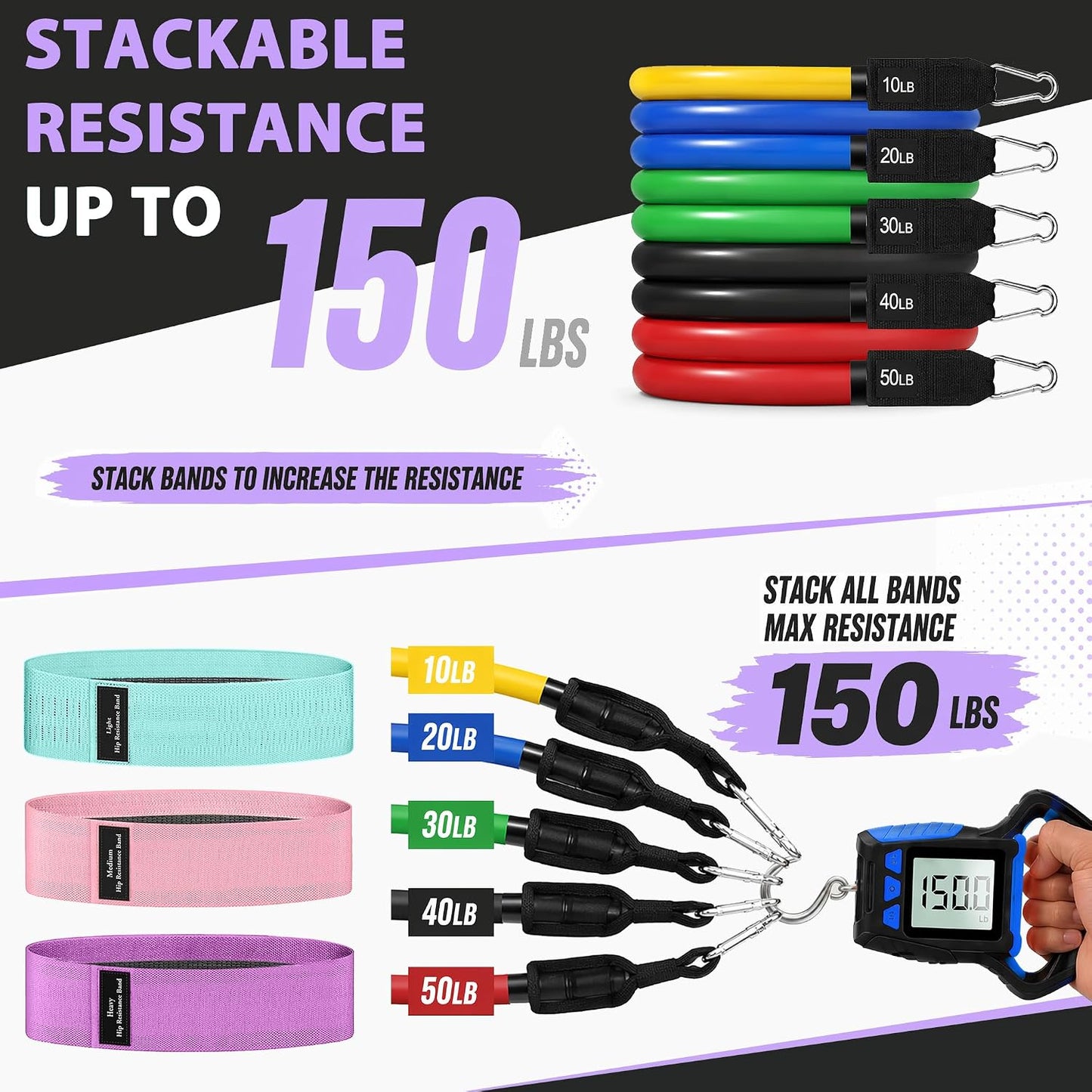 WHATAFIT Resistance Bands, Exercise Bands, Workout Bands with Handles, Door Anchor and Ankle Straps, 5 Resistance Levels Fitness Bands for Strength Training, Physical Therapy, and Home Gym Equipment