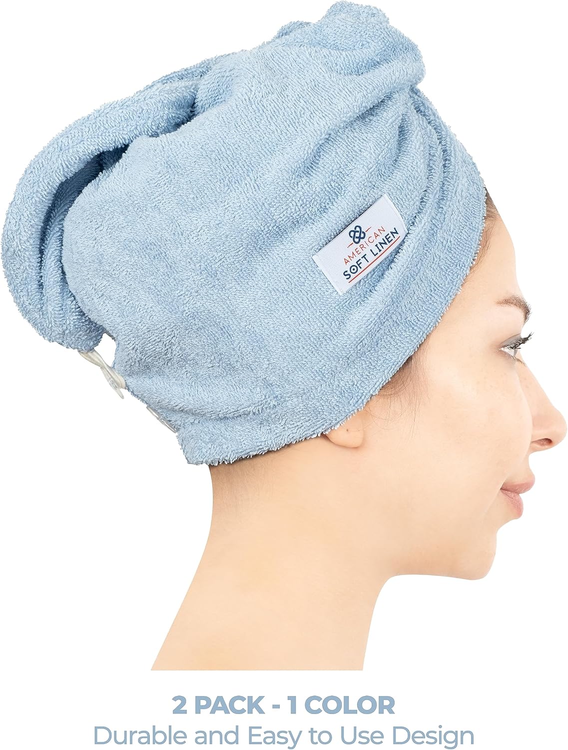 American Soft Linen 100% Cotton Hair Towels for Women, Head Towel Cap, Cotton Hair Turban Towel Wrap for Long Curly Anti Frizz Hair, Soft and Absorbent Cotton Hair Towels 2 Pack, White
