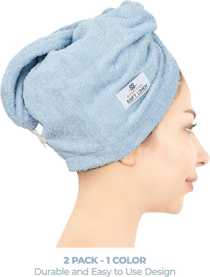 American Soft Linen 100% Cotton Hair Towels for Women, Head Towel Cap, Cotton Hair Turban Towel Wrap for Long Curly Anti Frizz Hair, Soft and Absorbent Cotton Hair Towels 2 Pack, White