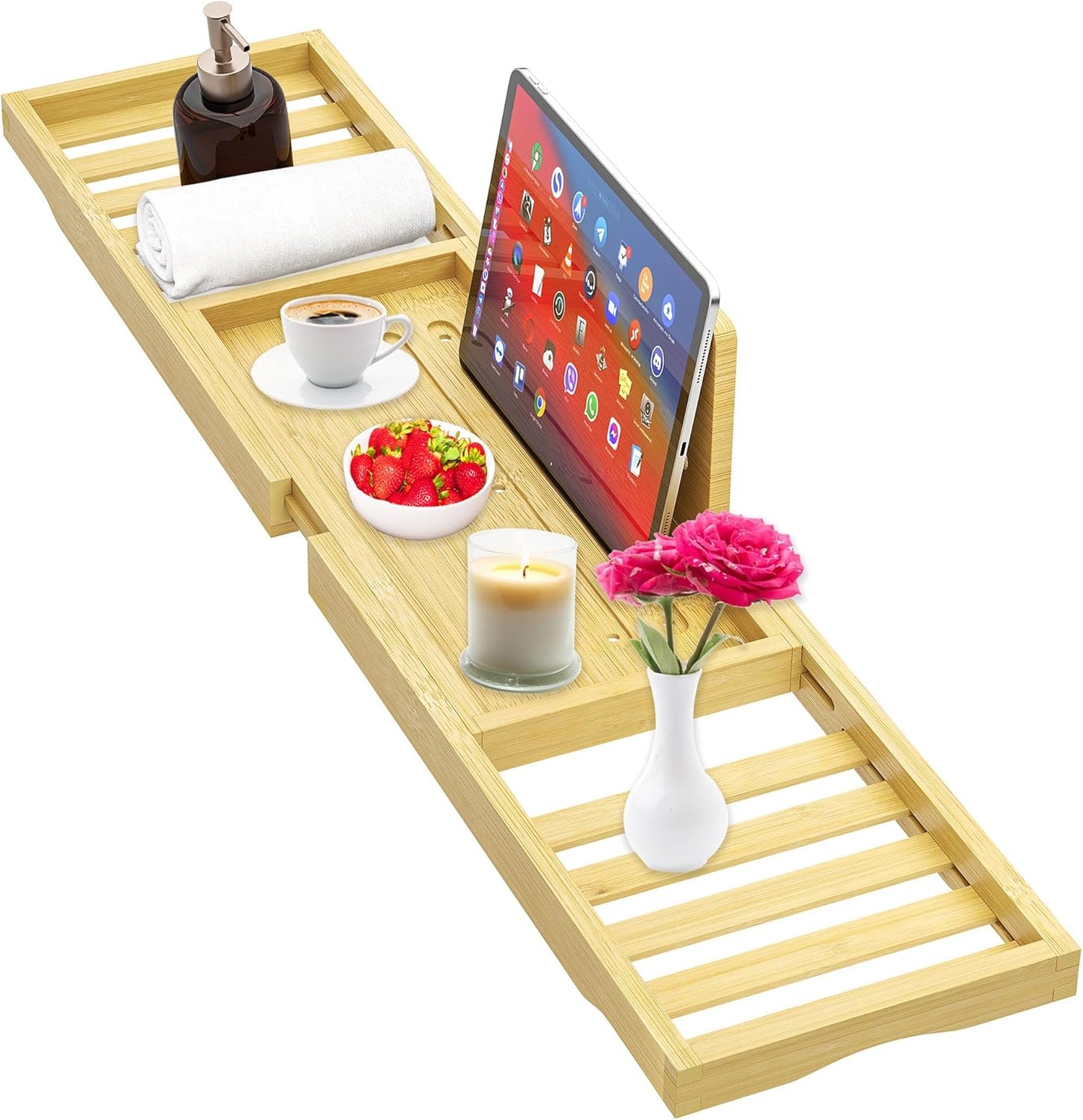 Premium Bamboo Bathtub Tray Caddy - Bath Tub Tray Table for Bathtub - Bath Caddy Tray for Bathtub, Expandable Size, Fits Most Bath Tubs
