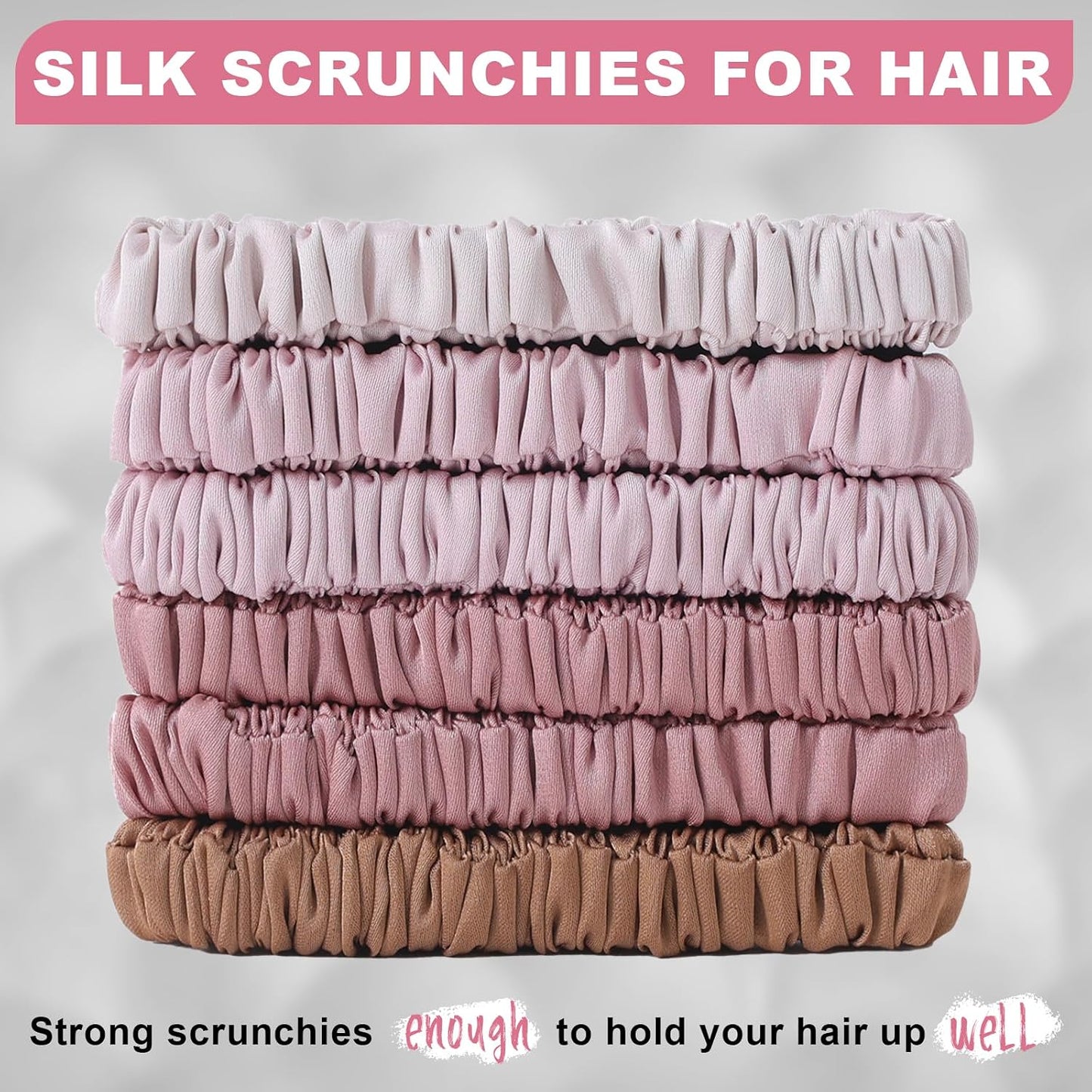6Pcs Silk Hair Ties 100% Pure Mulberry Silk Scrunchies for Women Girls | No Hair Crease, Anti Frizz, Gentle Hold, No Damage, Black Brown Pink