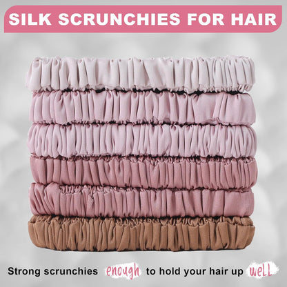 6Pcs Silk Hair Ties 100% Pure Mulberry Silk Scrunchies for Women Girls | No Hair Crease, Anti Frizz, Gentle Hold, No Damage, Black Brown Pink