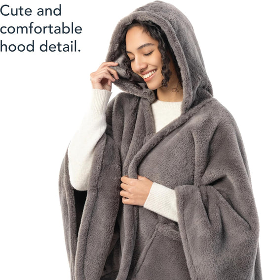 Berkshire Faux Fur Wearable Blanket, Cozy Reversible Loftmink Fleece Shawl with Hood & Side Pockets