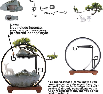 Mini Artificial Bonsai Tree Waterfall Fog Feature Rock Tabletop Fountain | 11in Desktop Decor Waterfall Fountain W/ Water Pump& Atomizer&LED Lights &Fake Tree Office Bedroom Relax