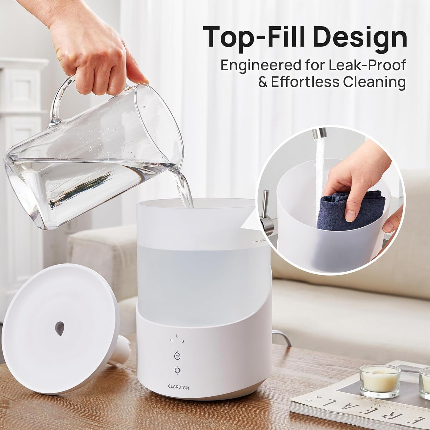 Clarston 2L Cool Mist Humidifier for Bedroom with 360° Adjustable Nozzle, High and Low Mist Levels, Ultra-Low Noise, Light-Off, No BPA, Auto Shut Off, Ideal Baby Humidifier with Easy Top Filling