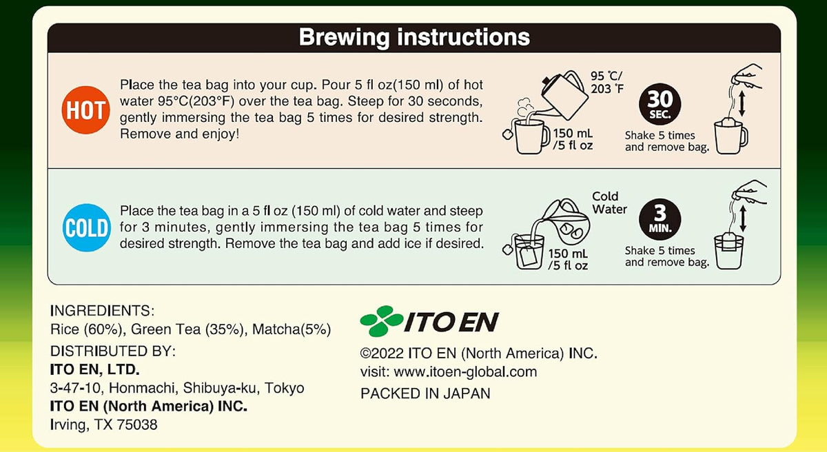 ITO EN Oi Ocha Premium Japanese Matcha Genmaicha Green Tea - Tea Bags, 50 Count (Pack of 1)
