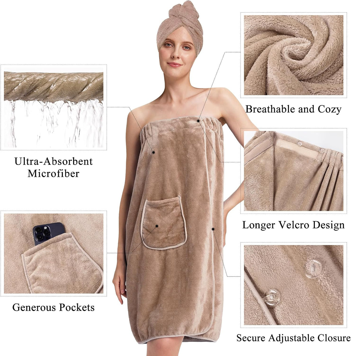 PJGGZ Towel Wrap for Women, Adjustable Button Quick Dry Absorbent Bath Wrap