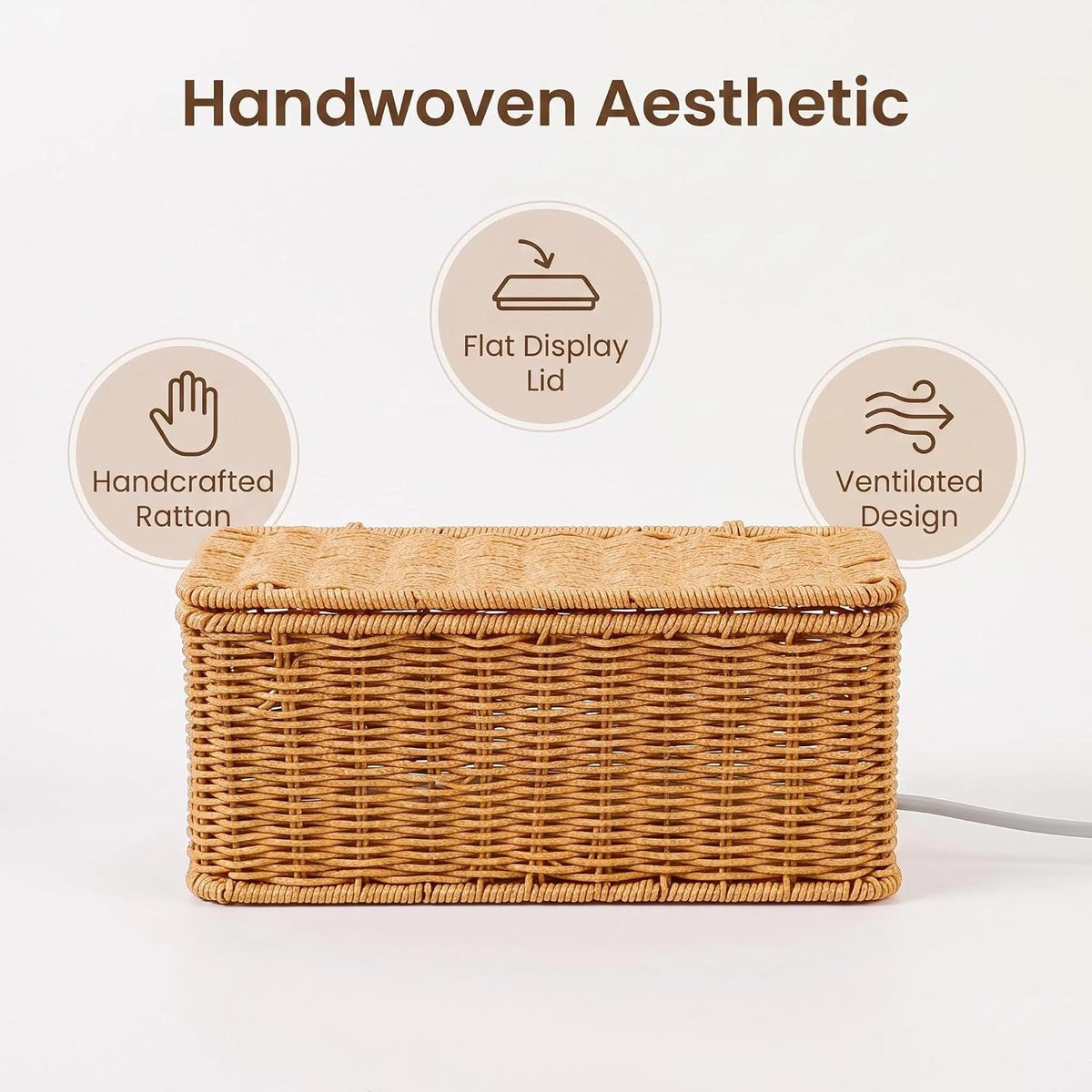 Cable Management Box Handwoven Faux Rattan Cord Basket with Lid (Scallop)