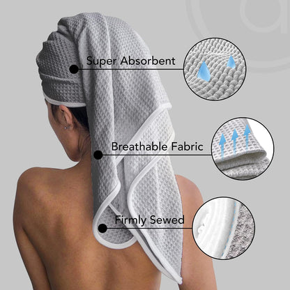 Microfiber Hair Wrap for Women - Extra Large 45 x 25 Quick-Dry Towel, Anti-Frizz, Breathable, Waffle Knit, Elastic Loop for Wet, Curly & Straight Styles - Grey - Microfiber Hair Towel