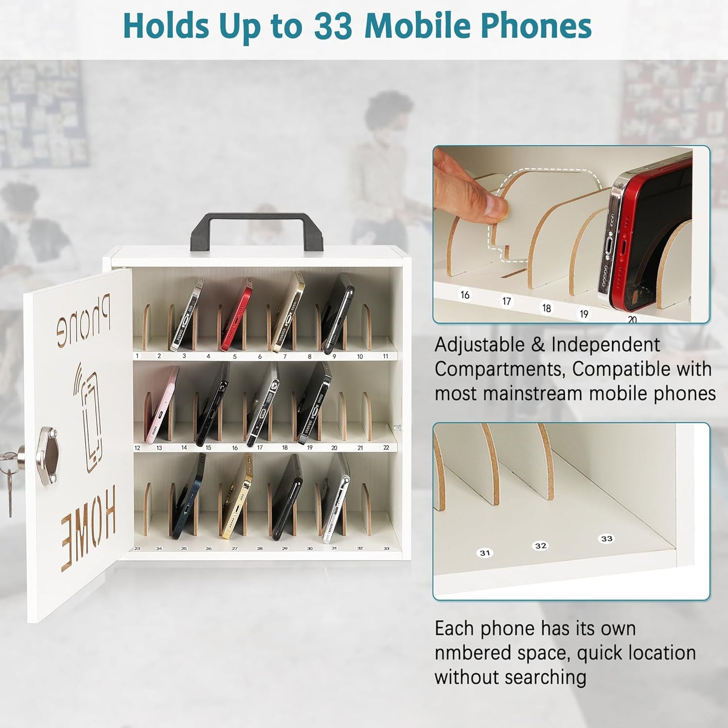 Wooden Phone Lock Box, Cell Phone Locker with 33 Adjustable Dividers | Phone Storage Cabinet with Security Lock & Handle, Desktop Phone Organizer for Classroom, Office & Repair Shops