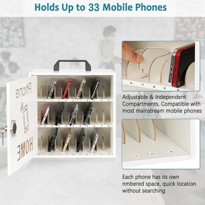 Wooden Phone Lock Box, Cell Phone Locker with 33 Adjustable Dividers | Phone Storage Cabinet with Security Lock & Handle, Desktop Phone Organizer for Classroom, Office & Repair Shops
