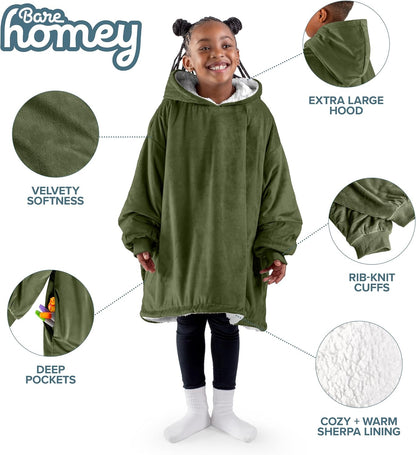Bare Home Wearable Blanket Hoodie - Soft Plush Sherpa - Warm and Cozy - Oversized Wearable Blanket