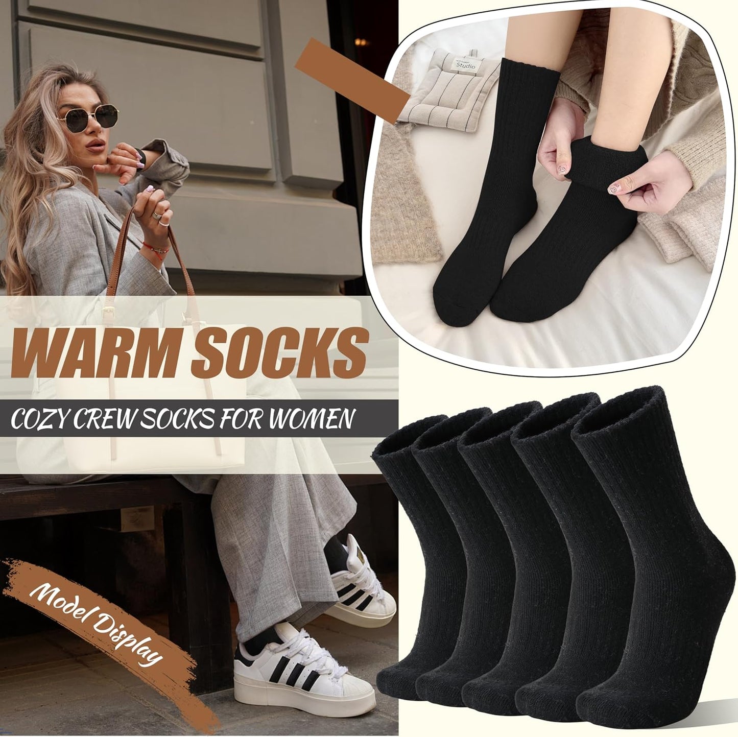 EBMORE 5 Pairs Women Merino Wool Boot Socks Warm Thermal Winter Thick Hiking Cozy Cabin Crew Comfy Socks for Ladies