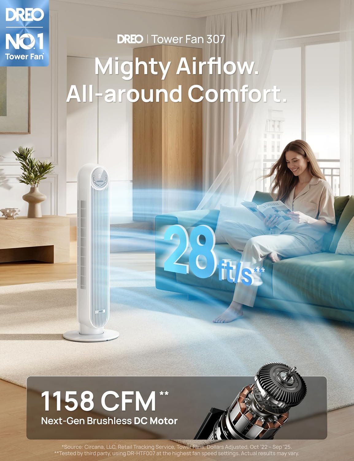 DREO Smart Tower Fan for Bedroom, 28ft/s Velocity, 8 Speeds Ultra Quiet Fan