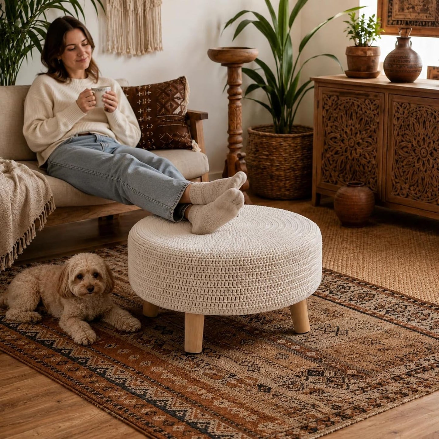 Wimarsbon Pouf Ottoman, 100% Cotton Knitted Boho Footstool, Round Footrest with Non-Skid Wood Legs, Home Décor Handmade Pouffe, Leisure Floor Step Stool for Living Room (Beige)