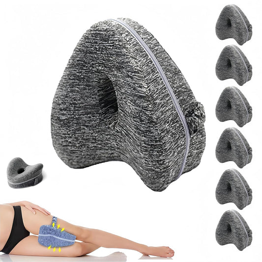Memory Foam Knee Pillow for Side Sleepers, Hip & Spine Support, Grey | Ergonomic contour, adjustable elastic strap, breathable cover, durable memory foam, versatile for bed, sofa, office, travel