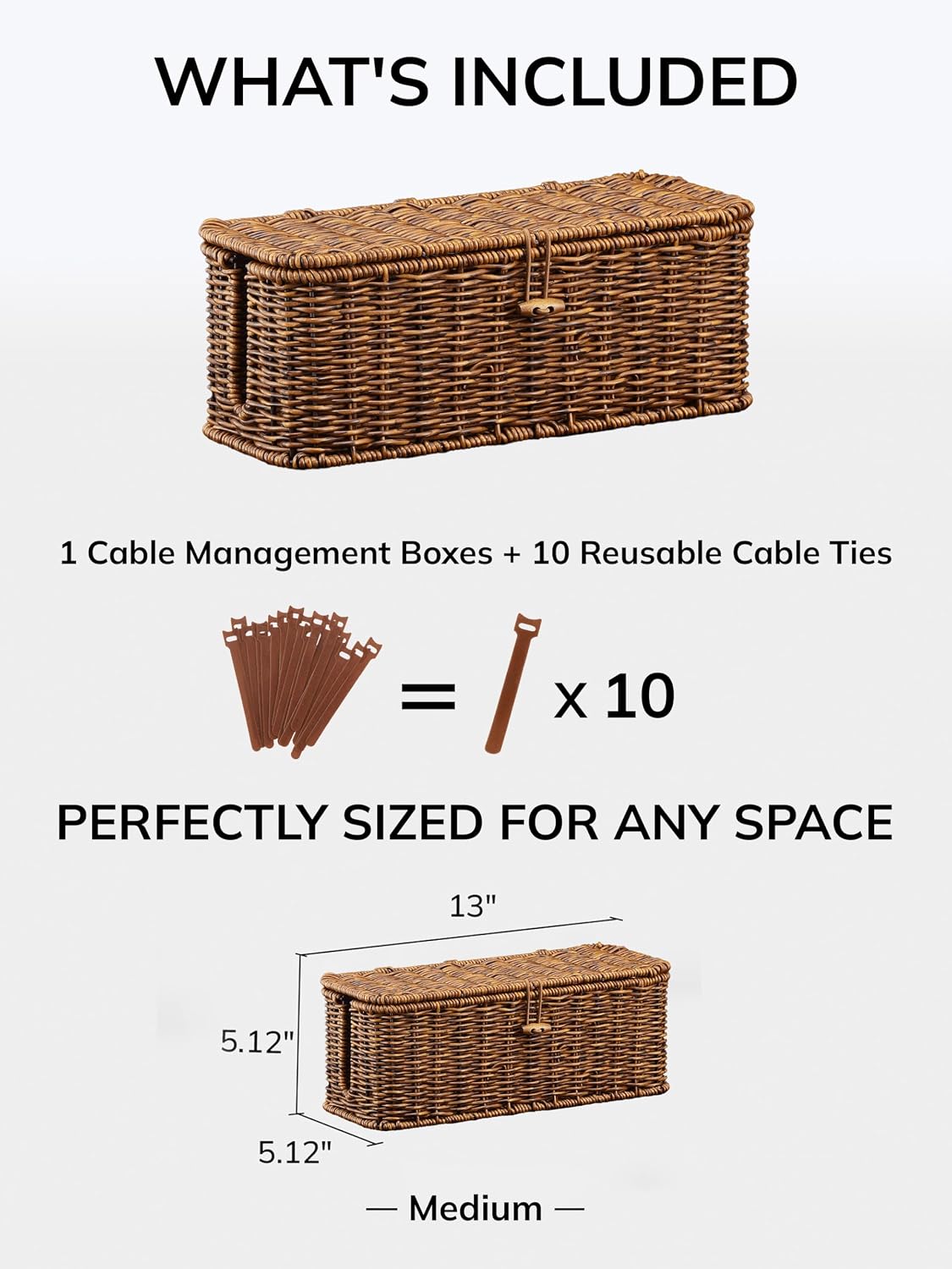 Cable Management Box, Cord Organizer with Lid & Cable Ties - Brown, L