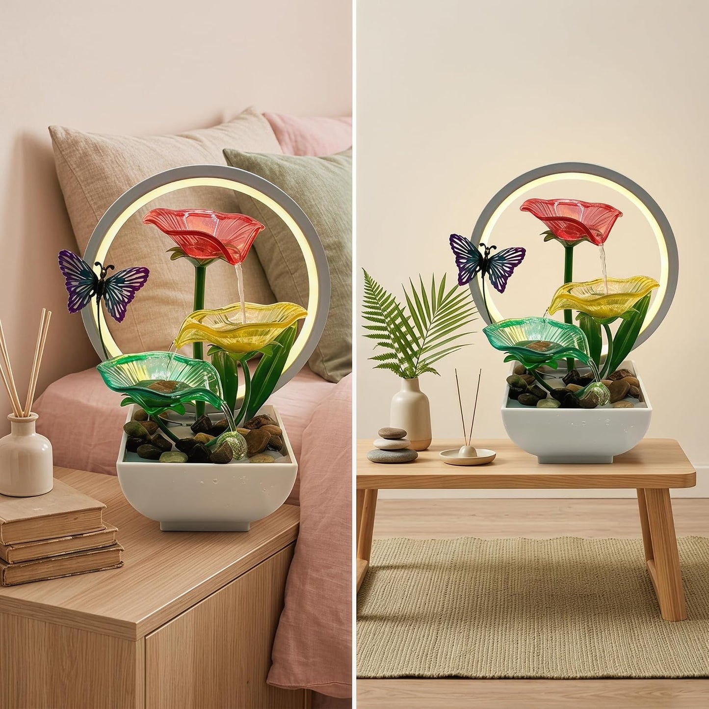 Tabletop Fountain,Indoor Water Fountain,Home Fengshui Décor Zen Relaxation Soothing Sound Machine for Office,Living Room,or Bedroom,Green Lotus,Hummingbird & Pink Flower