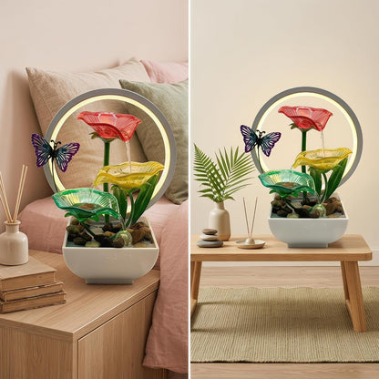 Tabletop Fountain,Indoor Water Fountain,Home Fengshui Décor Zen Relaxation Soothing Sound Machine for Office,Living Room,or Bedroom,Green Lotus,Hummingbird & Pink Flower