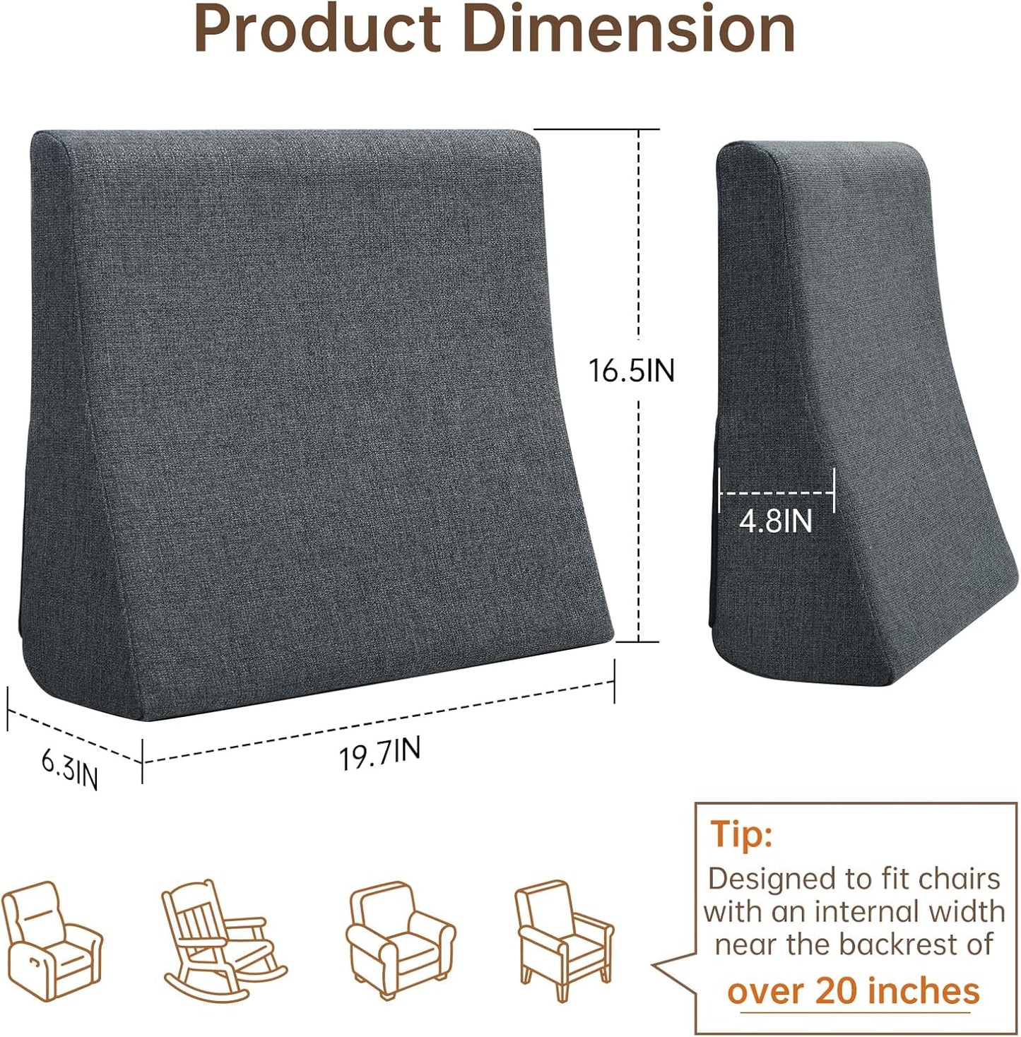 Vekkia Lumbar Support Pillow for Recliner - Couch Back Support Pillow for Lower Back Pain Relief, Lumbar Cushion for Sofa, Accent Chair & Armchair, Recliner Cushions for Elderly, Washable Cover (Gray)