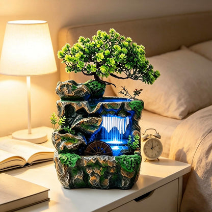 Mini Artificial Bonsai Tree Waterfall Fog Feature Rock Tabletop Fountain | 11in Desktop Decor Waterfall Fountain W/ Water Pump& Atomizer&LED Lights &Fake Tree Office Bedroom Relax