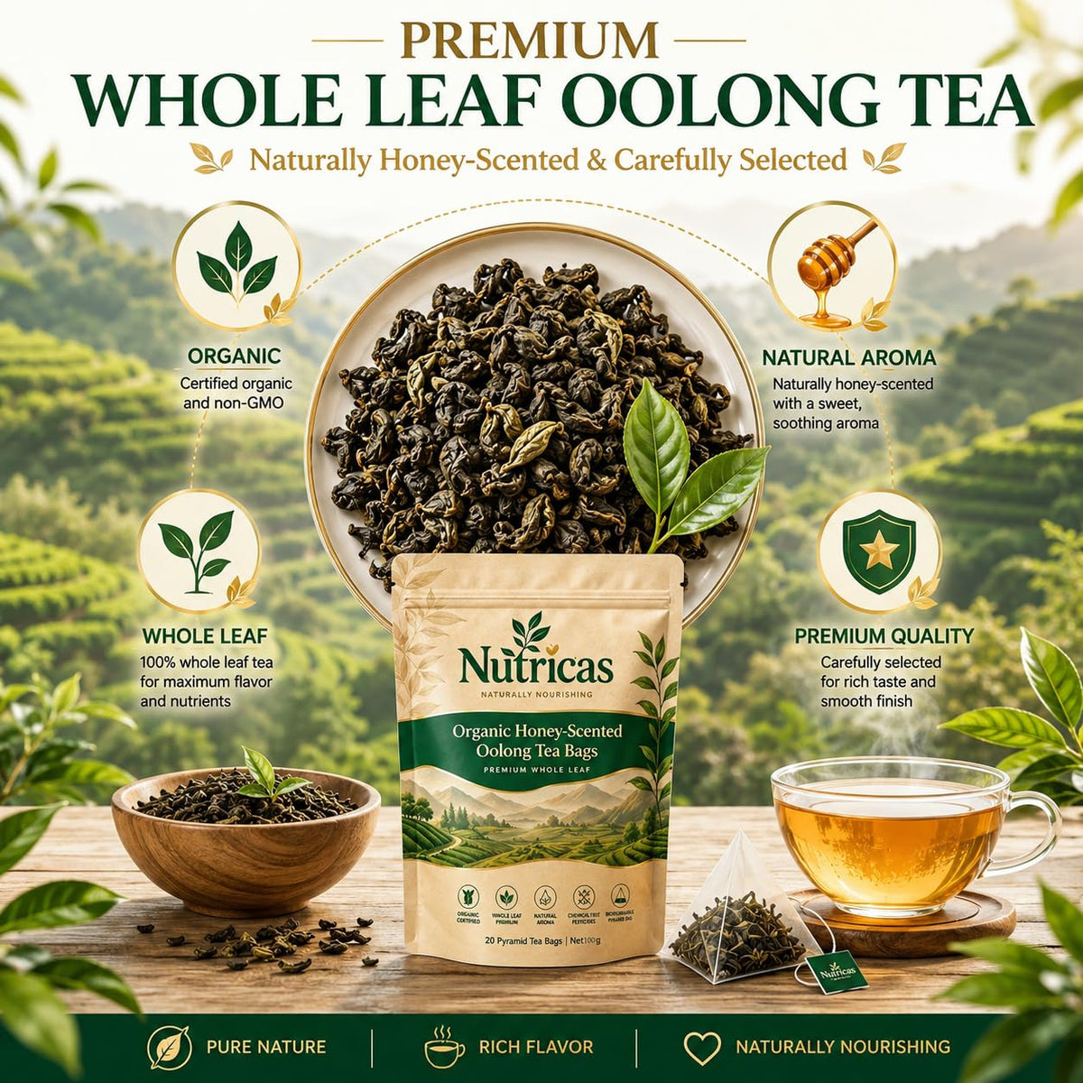 Nutricas Oolong Tea, Organic Oolong Tea Bags – 20 Bags (5g Each) – Cortisol & Calming Tea for Anxiety, Stress, Rich in Antioxidants (1pc)