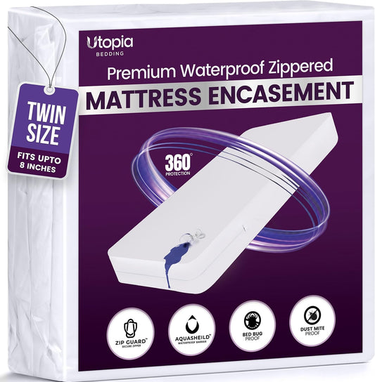 Waterproof Zippered Mattress Protector Twin Size, 8" Deep Pocket