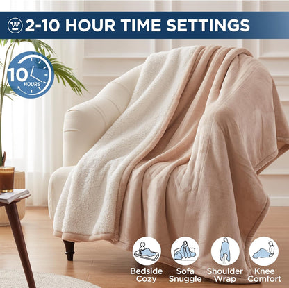 Westinghouse Heated Throw Blanket, Electric Blanket Throw with 6 Heating Levels and 2-10 Hours Time Settings, Flannel to Sherpa Super Cozy Heated Blanket Machine Washable, 50x60 inch, Charcoal