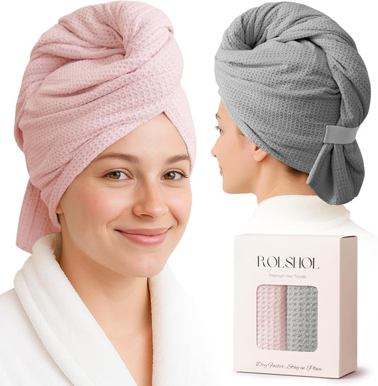 ROLSHOL 2 Pack Waffle Microfiber Hair Towel Wraps for Women, 32 x 11 in