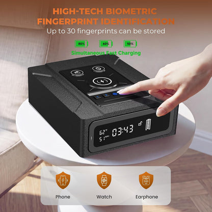 Biometric Safe, Fingerprint Lock & 3‑in‑1 Wireless Charging for Bedside
