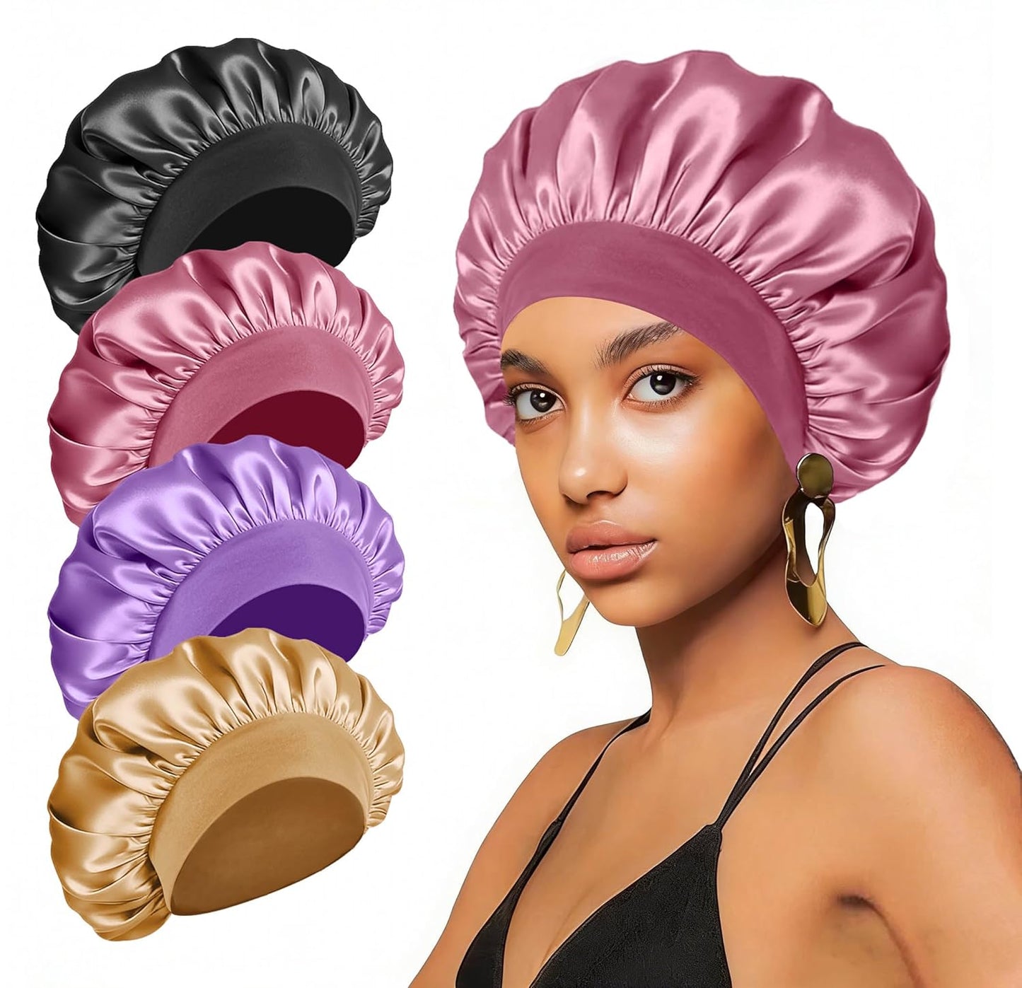 4PCS Silk Satin Bonnets for Black Women & Men - Elastic Wide Band Hair Wrap Cap for Curly Hair - Shower Cap for Sleeping (Black, Peacock Blue, Pink, Khaki)