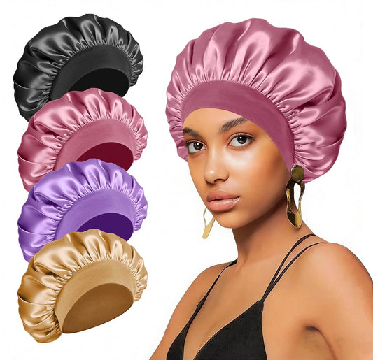 4PCS Silk Satin Bonnets for Black Women & Men - Elastic Wide Band Hair Wrap Cap for Curly Hair - Shower Cap for Sleeping (Black, Peacock Blue, Pink, Khaki)