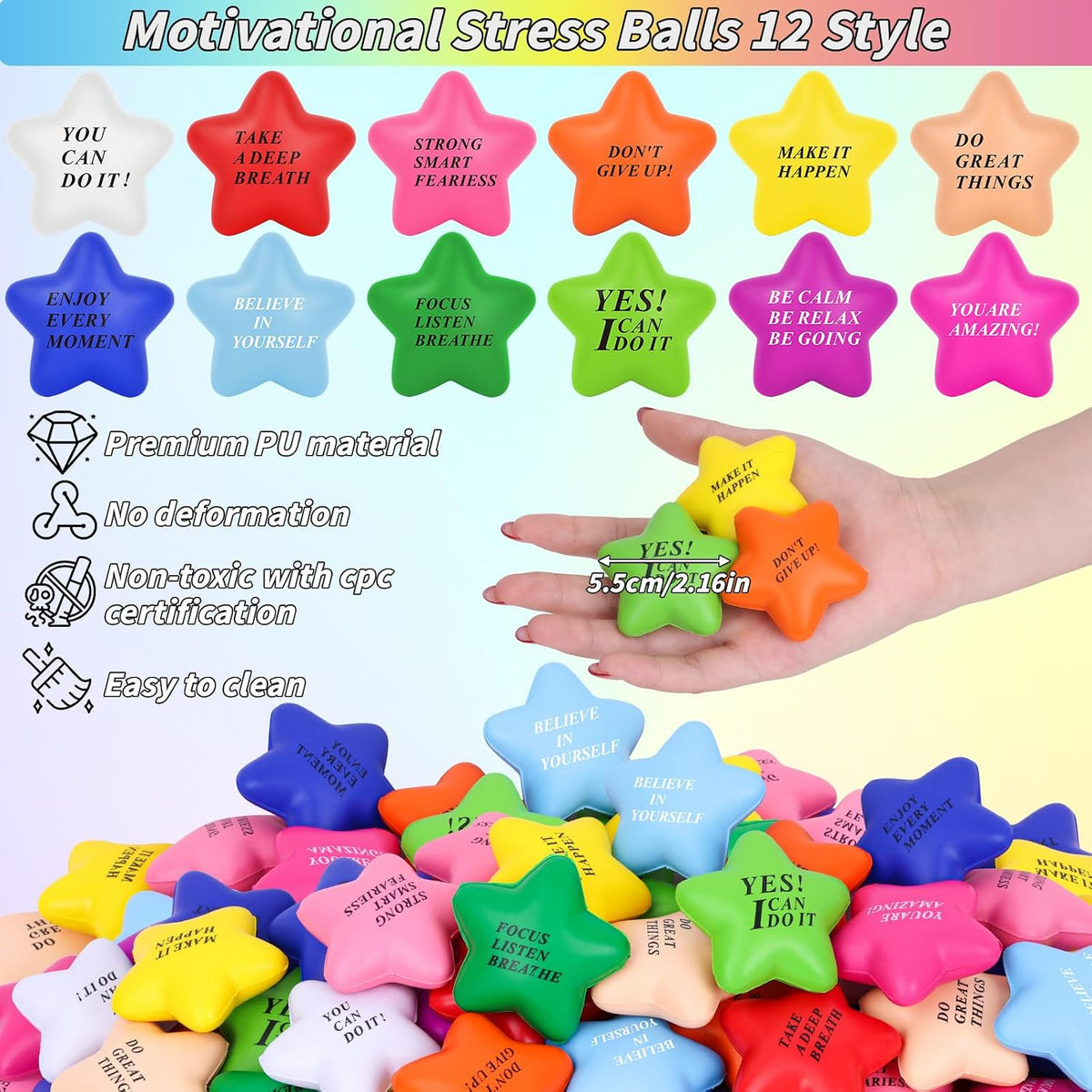96 Pieces Motivational Stress Balls 2 Inch Inspirational Stress Relief Ball Bulk Hand Exercise Balls Encouraging Colorful Foam Balls Anxiety Small Balls with Quotes for Kids Adults Teens, 12 Styles