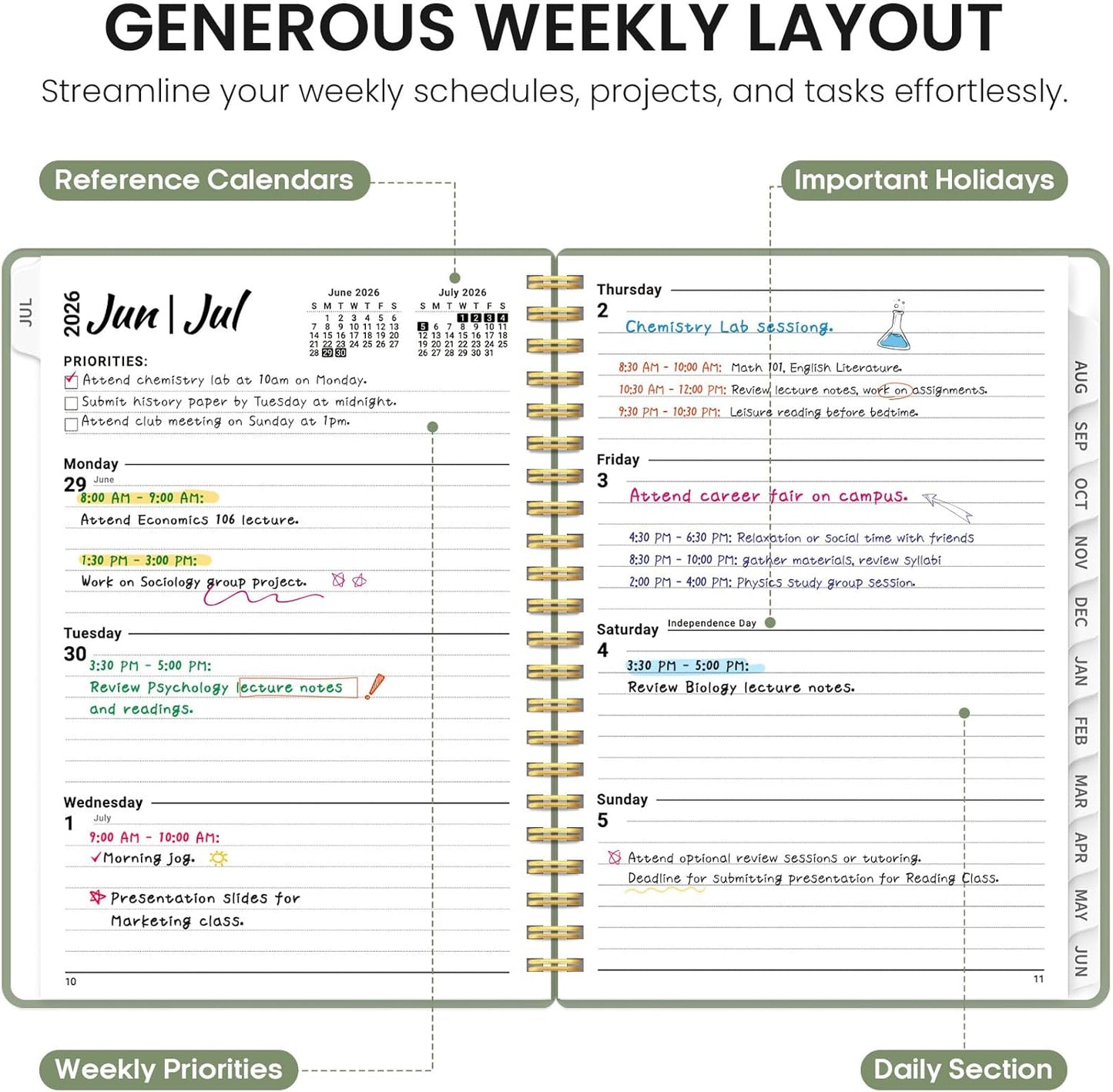 Planner 2026-2027, 8.5" x 11" Weekly and Monthly Academic Year Planner Calendar, July 2026 - June 2027, Hardcover Large School Planning Agenda With Tabs, Perfect for School & Office Supplies, A4, Green