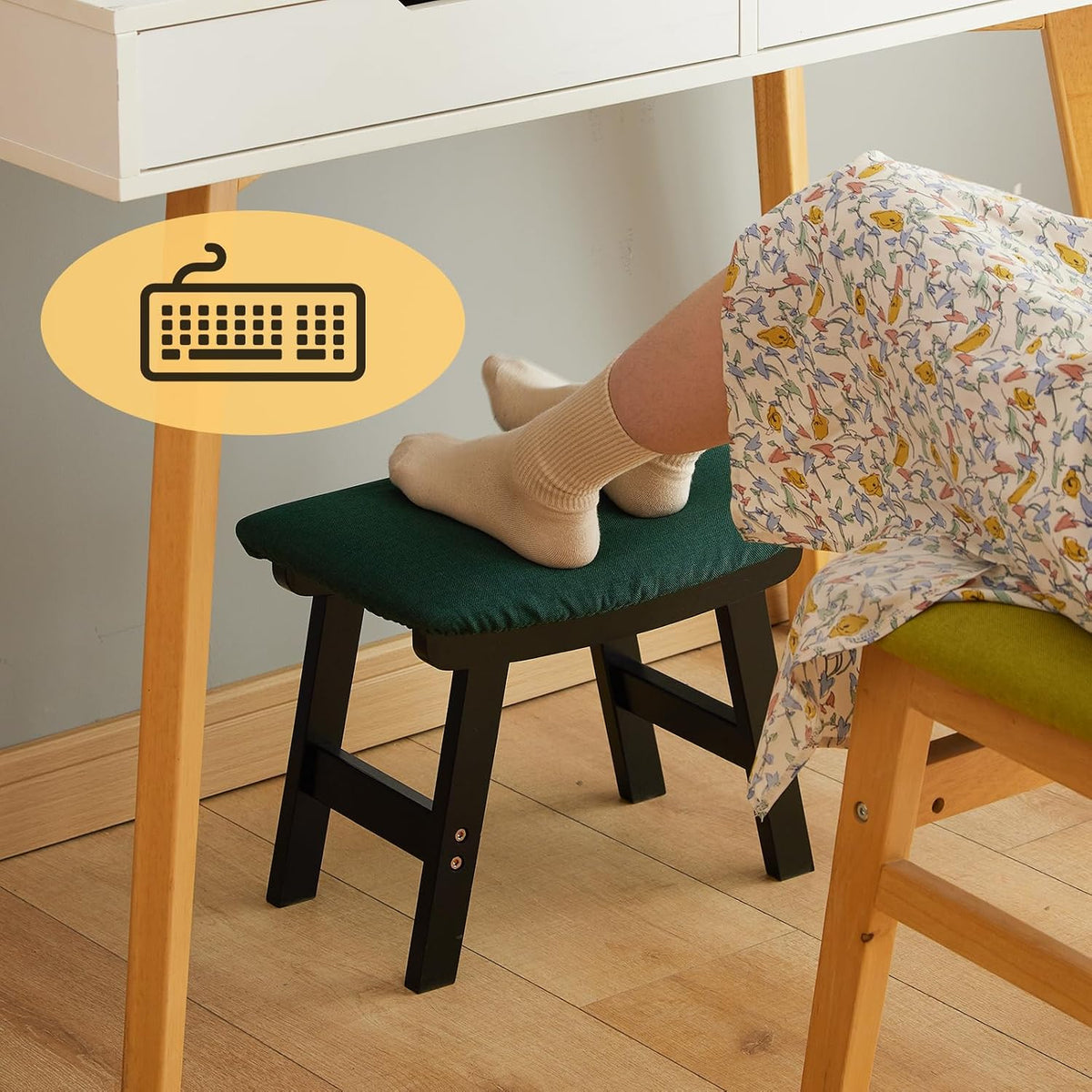 Foot Stool Ottoman Foot Rest Under Desk,Small Stool for Living Room, Bedroom and Kitchen (Brown Legs - Beige Stool Surface)