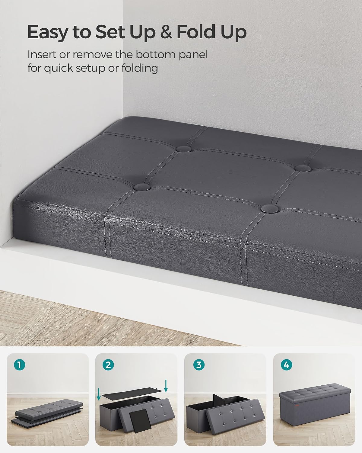 SONGMICS MAZIE Collection - 43 Inches Folding Storage Ottoman Bench, Ottoman with Storage, Foot Rest Stool, Load 660 lb, for Living Room, Synthetic Leather, Black ULSF701