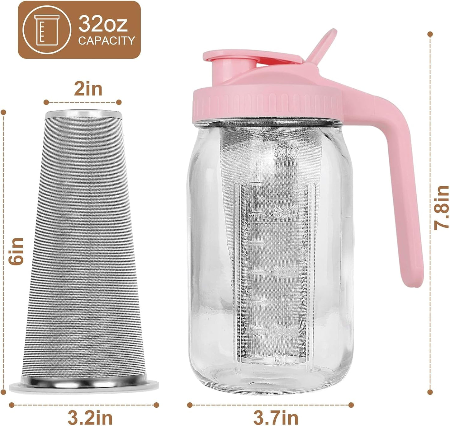 Cold Brew Coffee Maker,64 oz Mason Jar Pitcher with Stainless Steel Filter, Pour Spout Handle Lid, Heavy Duty Glass Airtight & Leak-Proof for Iced Coffee,Tea & Lemonade