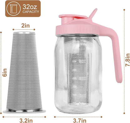 Cold Brew Coffee Maker,64 oz Mason Jar Pitcher with Stainless Steel Filter, Pour Spout Handle Lid, Heavy Duty Glass Airtight & Leak-Proof for Iced Coffee,Tea & Lemonade