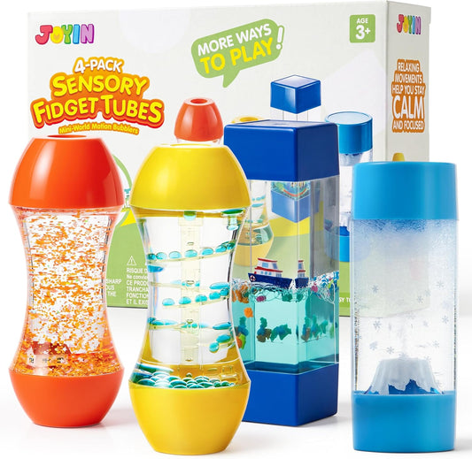 JOYIN 4-Pack Fidget Tubes for Kids, Sensory Tubes, Stress Relief Toy, Speech Therapy, Calming Toys for Children with Autism, Calm Down Corner Classroom Supplies, Back to School Gifts for Toddlers