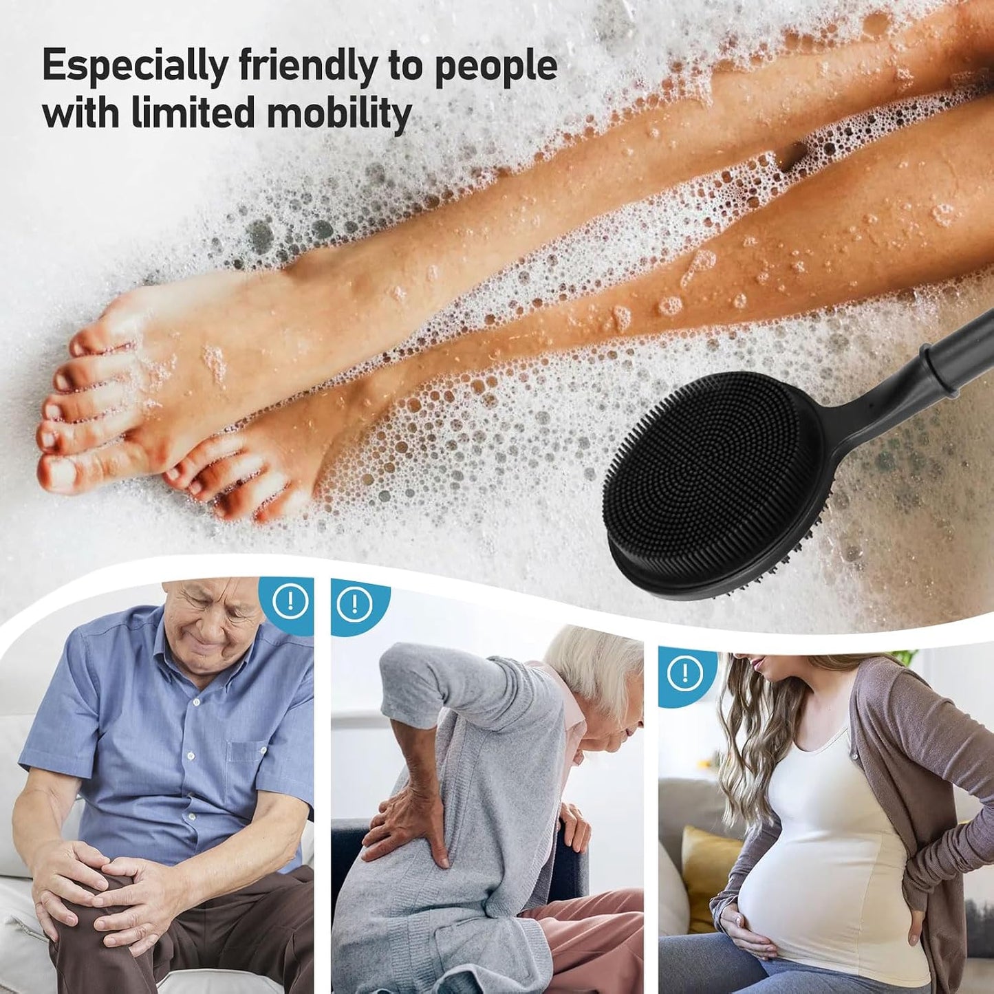 OZNER 24 Inches Silicone Back Scrubber for Shower - Extendable Long Handle Shower Brush with Dual-Sided Bristles - Exfoliating Body Scrubber for Sensitive Skin - Perfect for Men & Women (Black)
