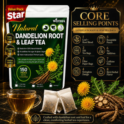 WOTIHA 60 Count Premium Dandelion Root Tea Bags - 100% Natural Roasted, Supports Liver & Kidney Health, Digestion & Immunity, Caffeine-Free, Additive-Free, Gluten-Free, Vegan.