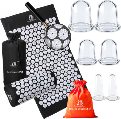 Black Acupressure Mat & Pillow + 6-Cup Cupping Set Bundle